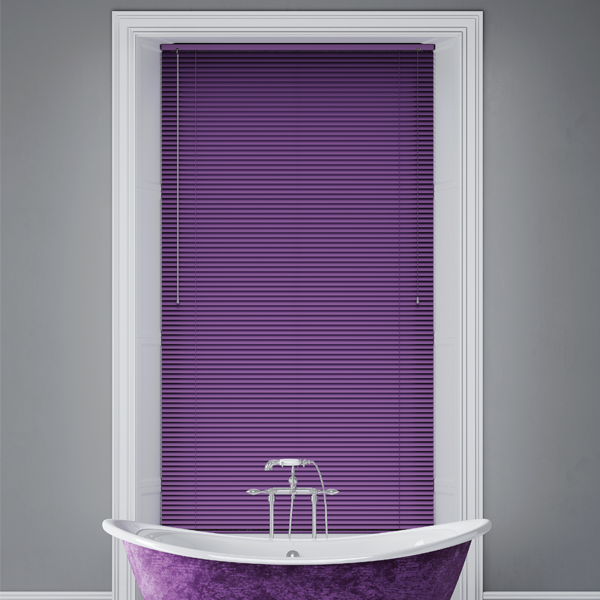 purple blinds and purple bathtub