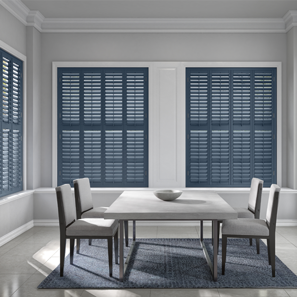 blue shutters and grey dining table